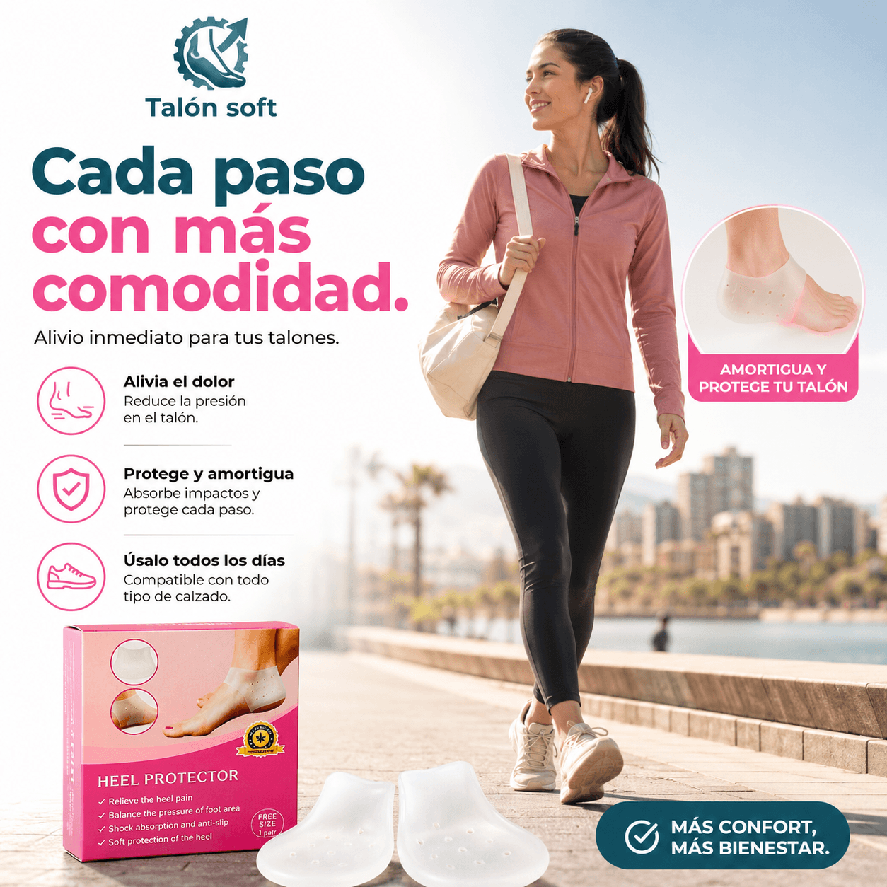 TALÓN SOFT®: Silicona elástica premium de alta densidad, textura de masaje y formato universal unisex.  2x1