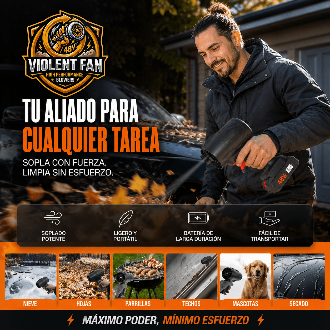 VIOLENT FAN®: El soplador turbo inalámbrico con 2 baterías de 48V que despeja tu patio en segundos.