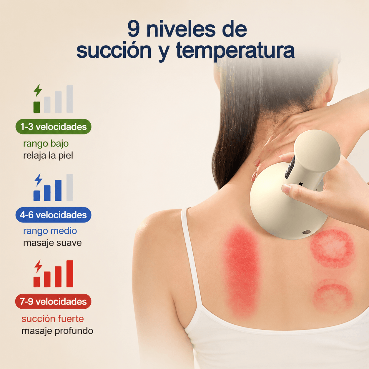 Masajeador BIOPULSO®: Ventosaterapia inteligente y calor para aliviar la tensión muscular.osa de 9 niveles