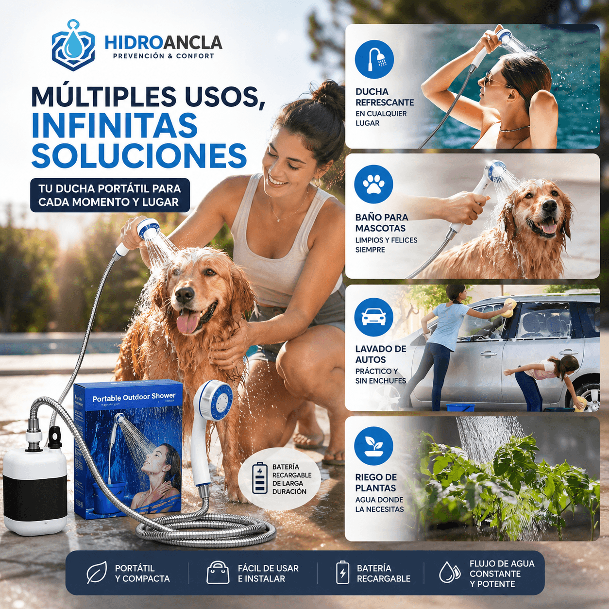 HIDROANCLA®: Tu ducha portátil y recargable para una higiene cómoda al aire libre.