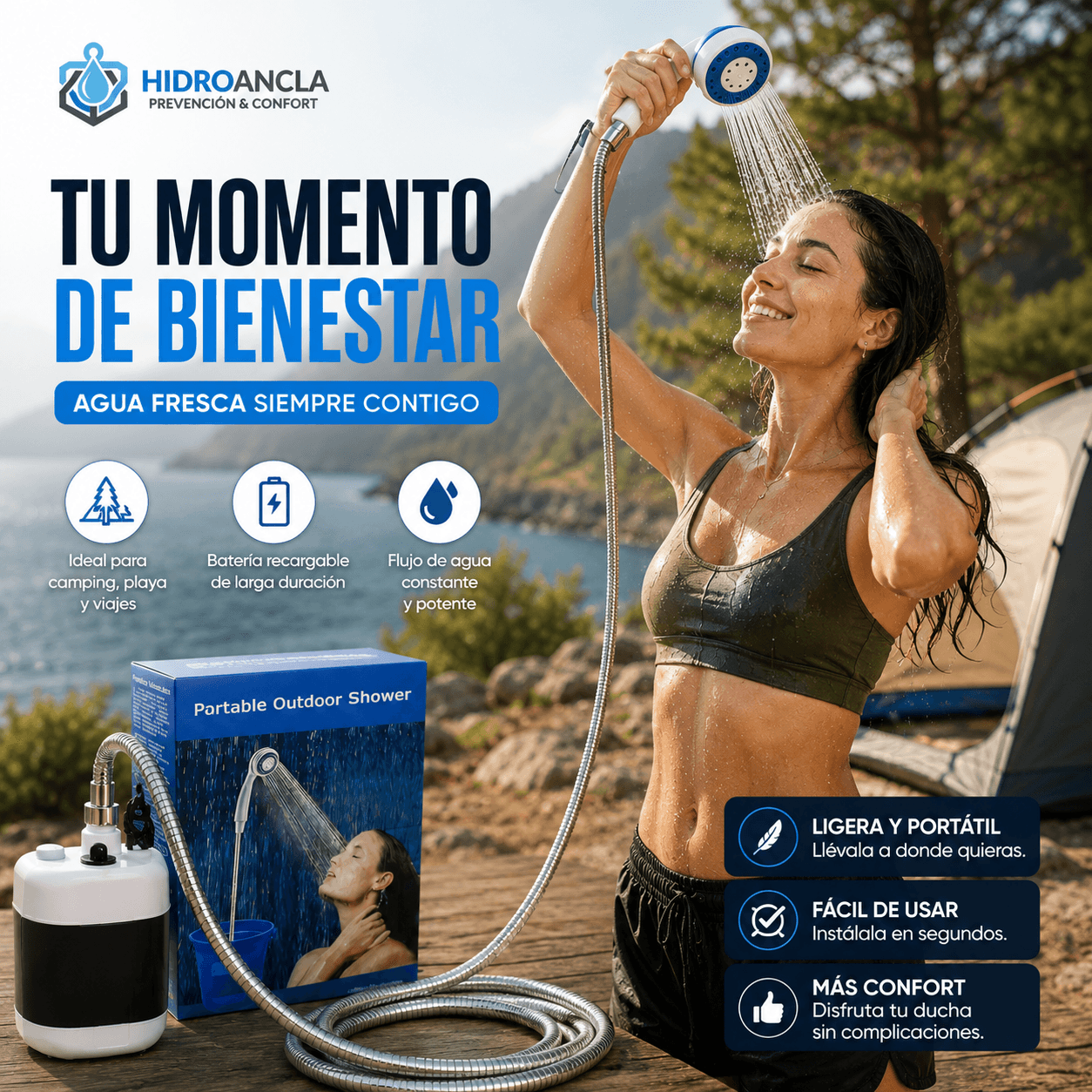 HIDROANCLA®: Tu ducha portátil y recargable para una higiene cómoda al aire libre.