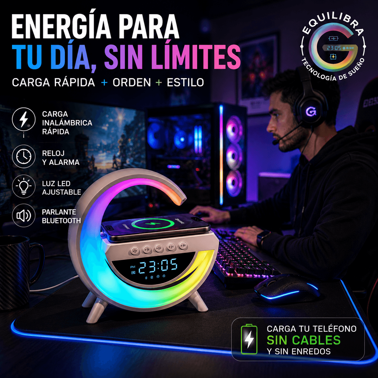 Equilibra®: El altavoz Bluetooth con carga inalámbrica y lámpara LED regulable que transforma tu espacio.