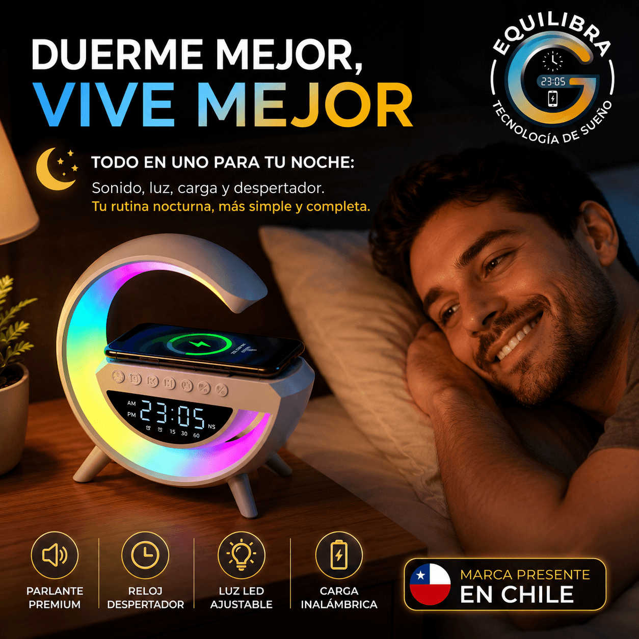 Equilibra®: El altavoz Bluetooth con carga inalámbrica y lámpara LED regulable que transforma tu espacio.