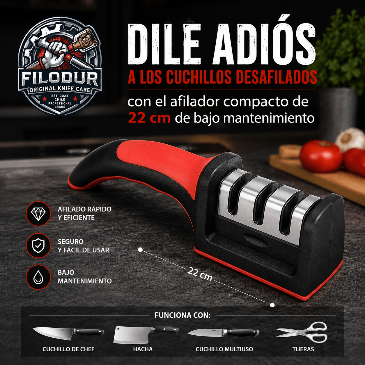 FILODUR®: El afilador manual 3 en 1 de acero inoxidable que devuelve el corte a tus cuchillos en segundos.