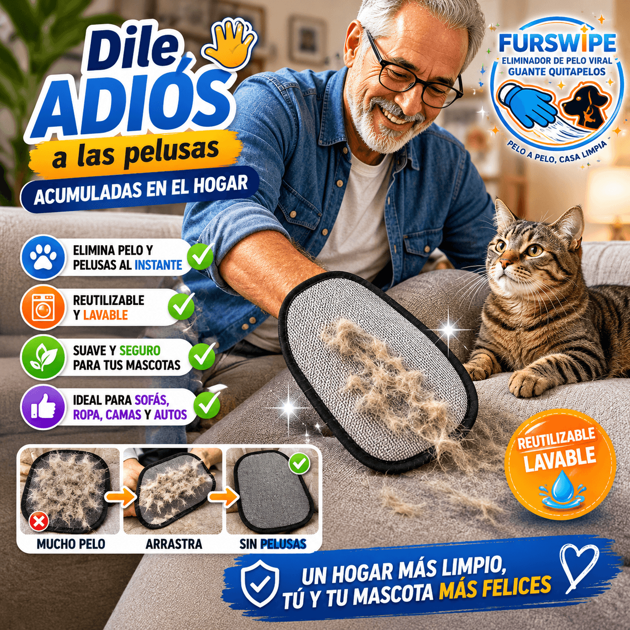 FURSWiPE®: El guante ergonómico que atrapa el pelo de tus mascotas sin dañar tus telas. 2x1