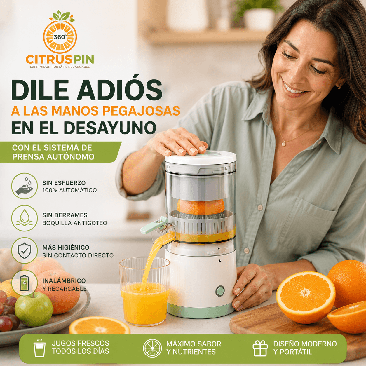 CITRUSPIN®: El exprimidor eléctrico inalámbrico que automatiza tus jugos naturales.