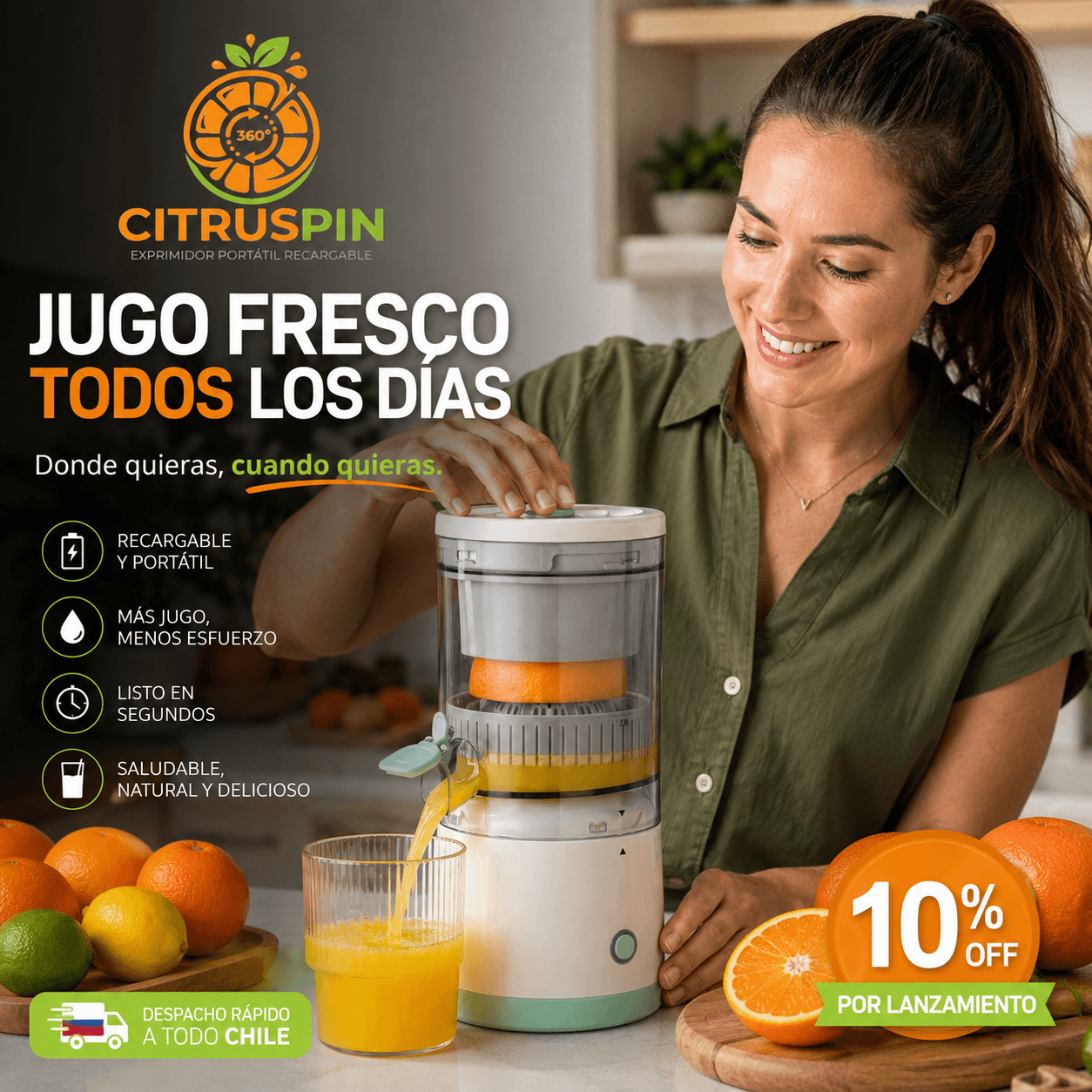 CITRUSPIN®: El exprimidor eléctrico inalámbrico que automatiza tus jugos naturales.