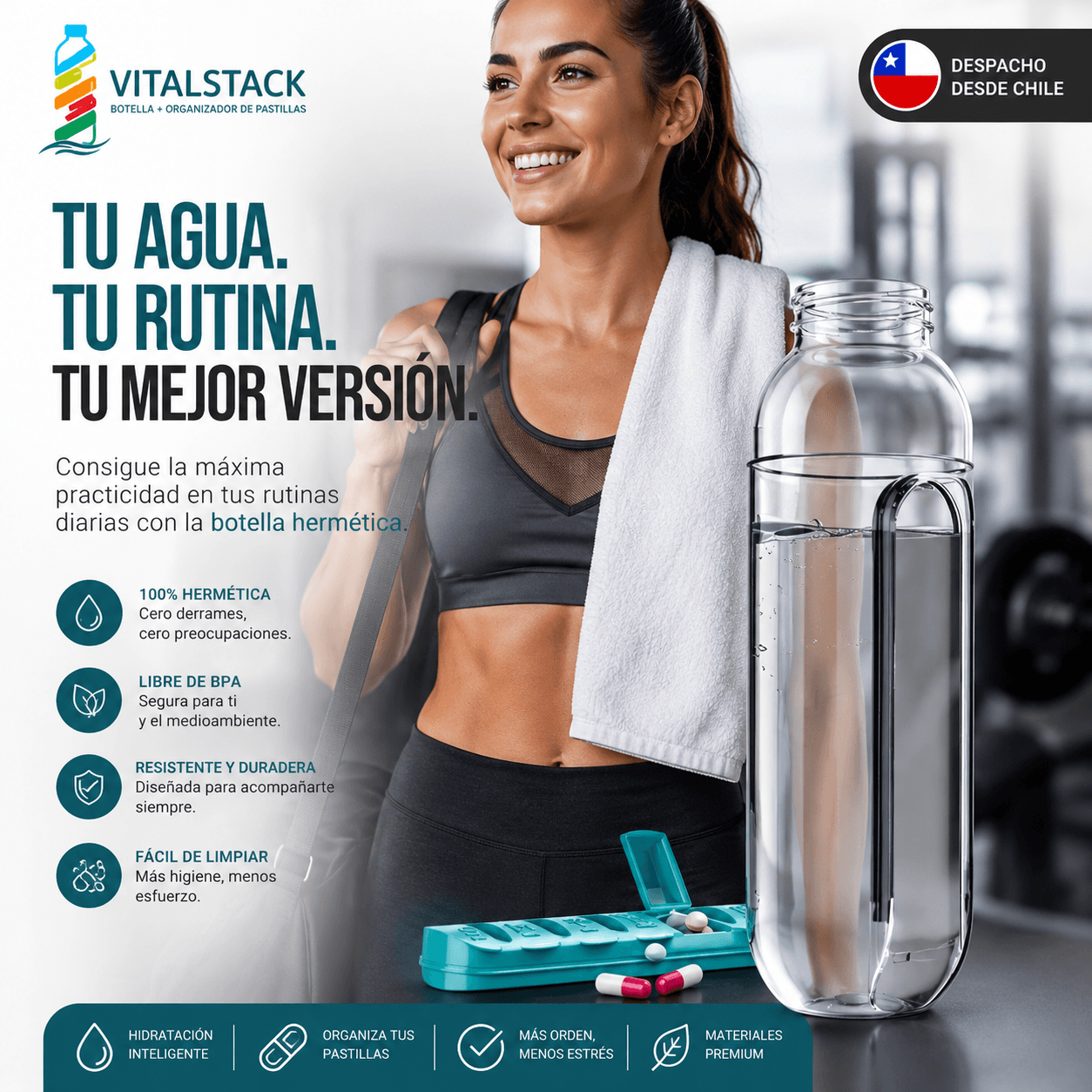 VITALSTACK®: El organizador portátil que combina hidratación y orden semanal en un solo lugar.  Oferta 2x1