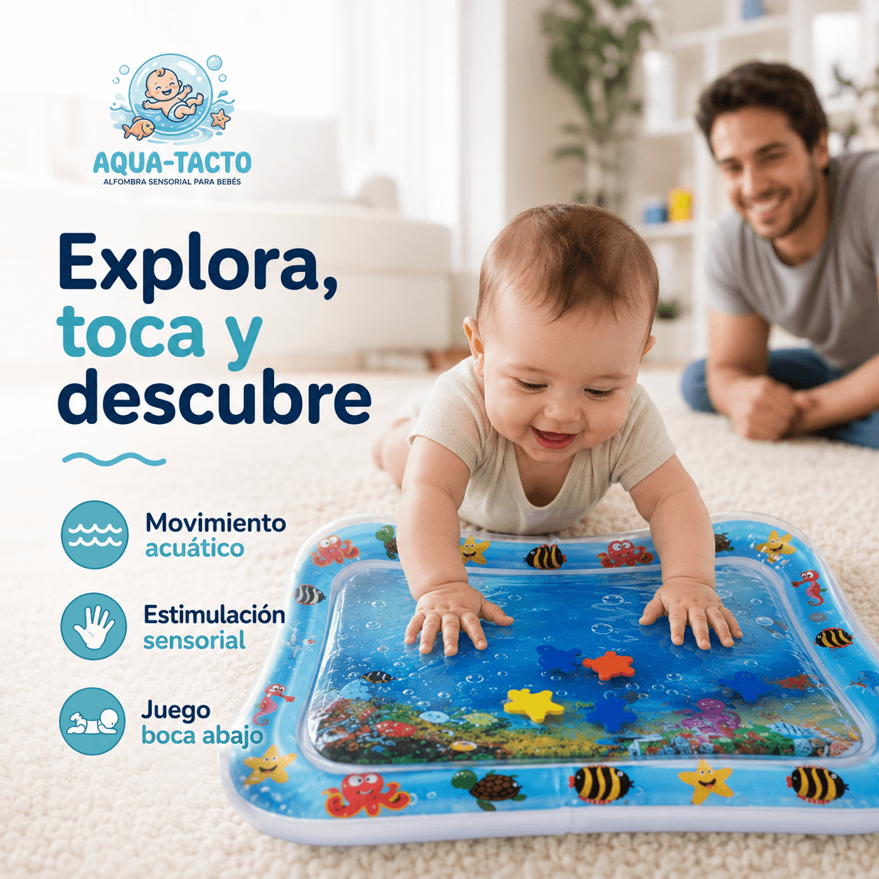AQUA-TACTO®: La alfombra sensorial de agua que estimula el desarrollo y la curiosidad de tu bebé al instante.