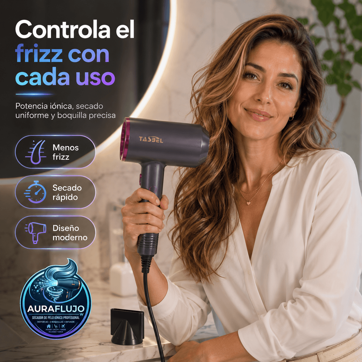 AURAFLUJO®: El secador de pelo iónico de alta potencia que seca en 5 minutos y elimina el friz al instante.