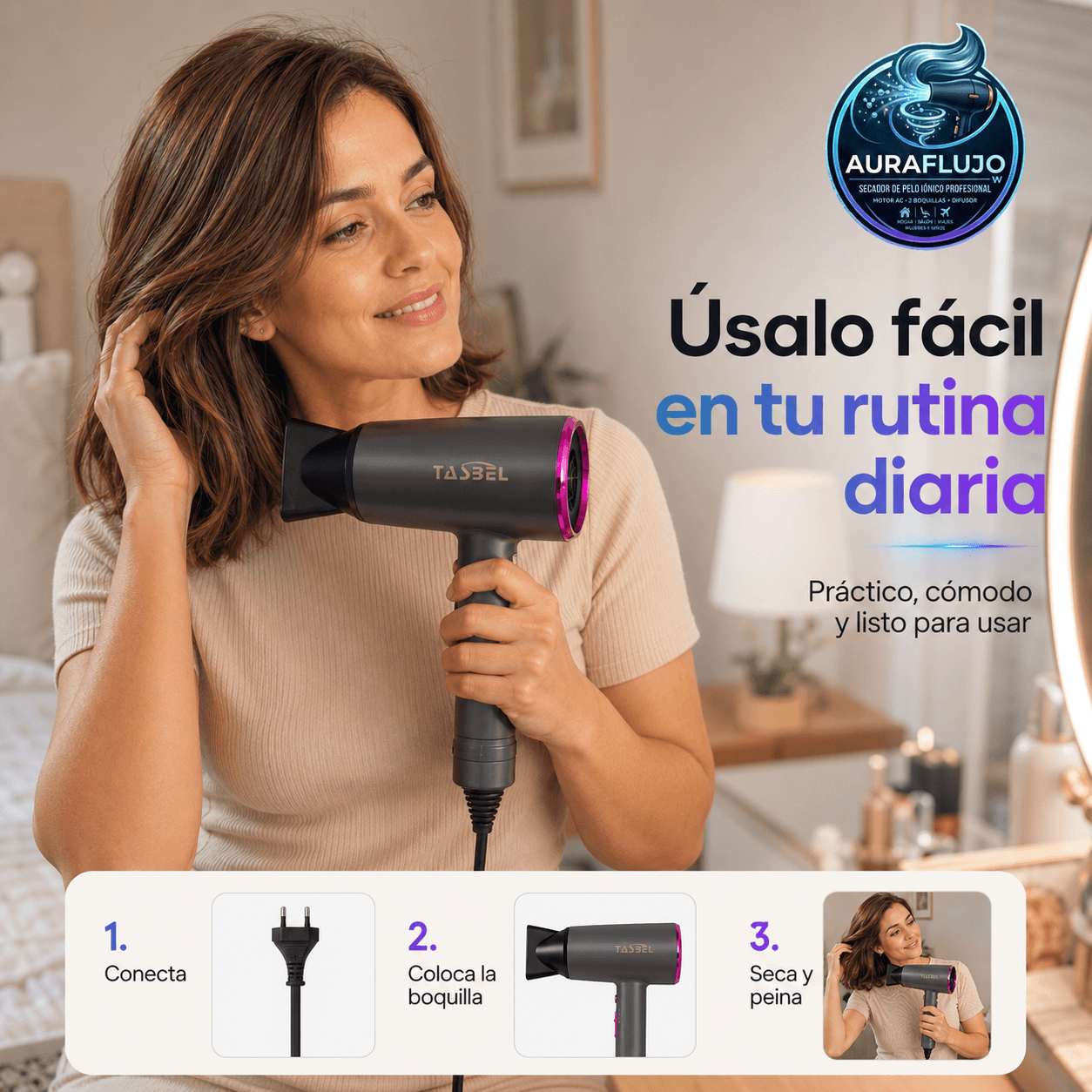 AURAFLUJO®: El secador de pelo iónico de alta potencia que seca en 5 minutos y elimina el friz al instante.