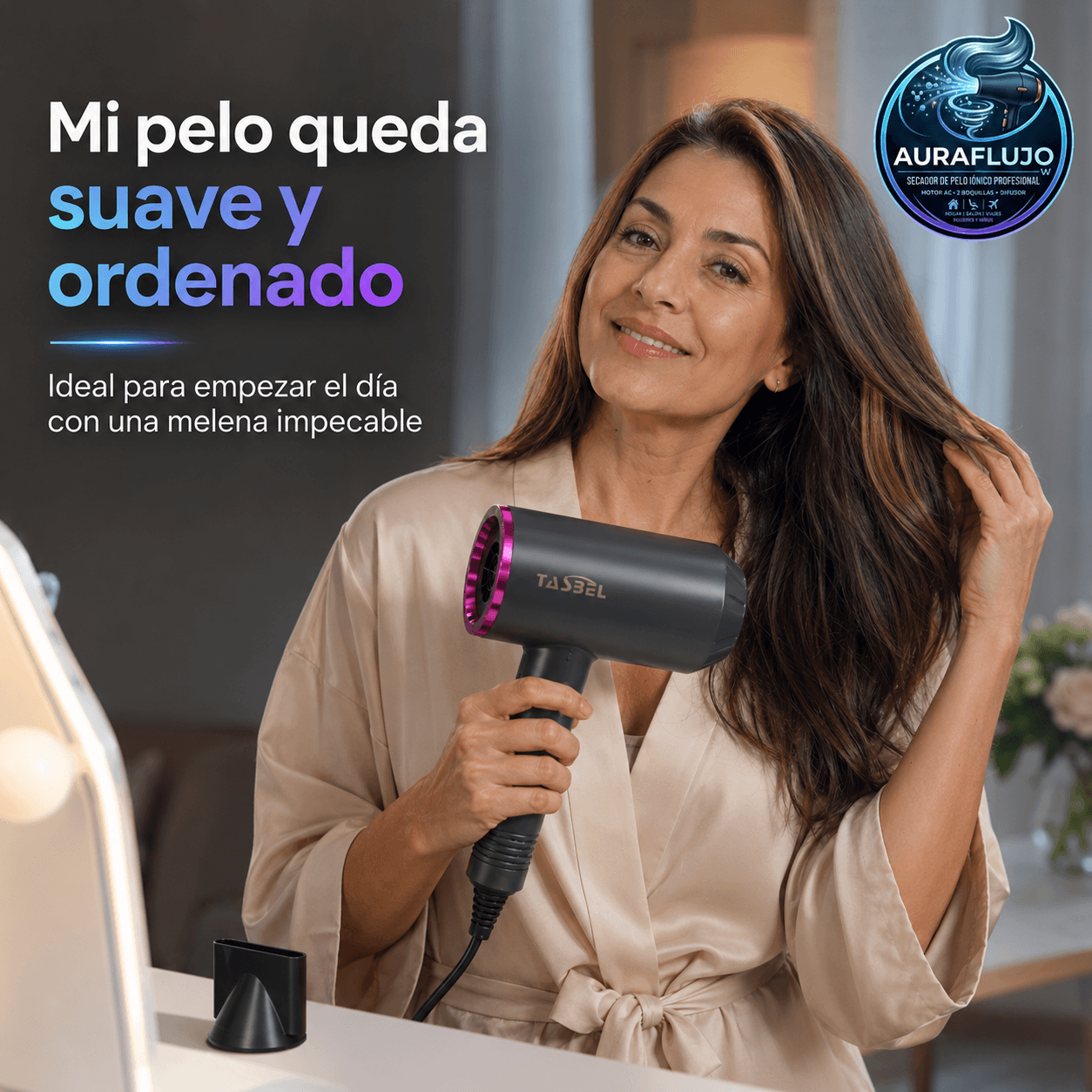 AURAFLUJO®: El secador de pelo iónico de alta potencia que seca en 5 minutos y elimina el friz al instante.