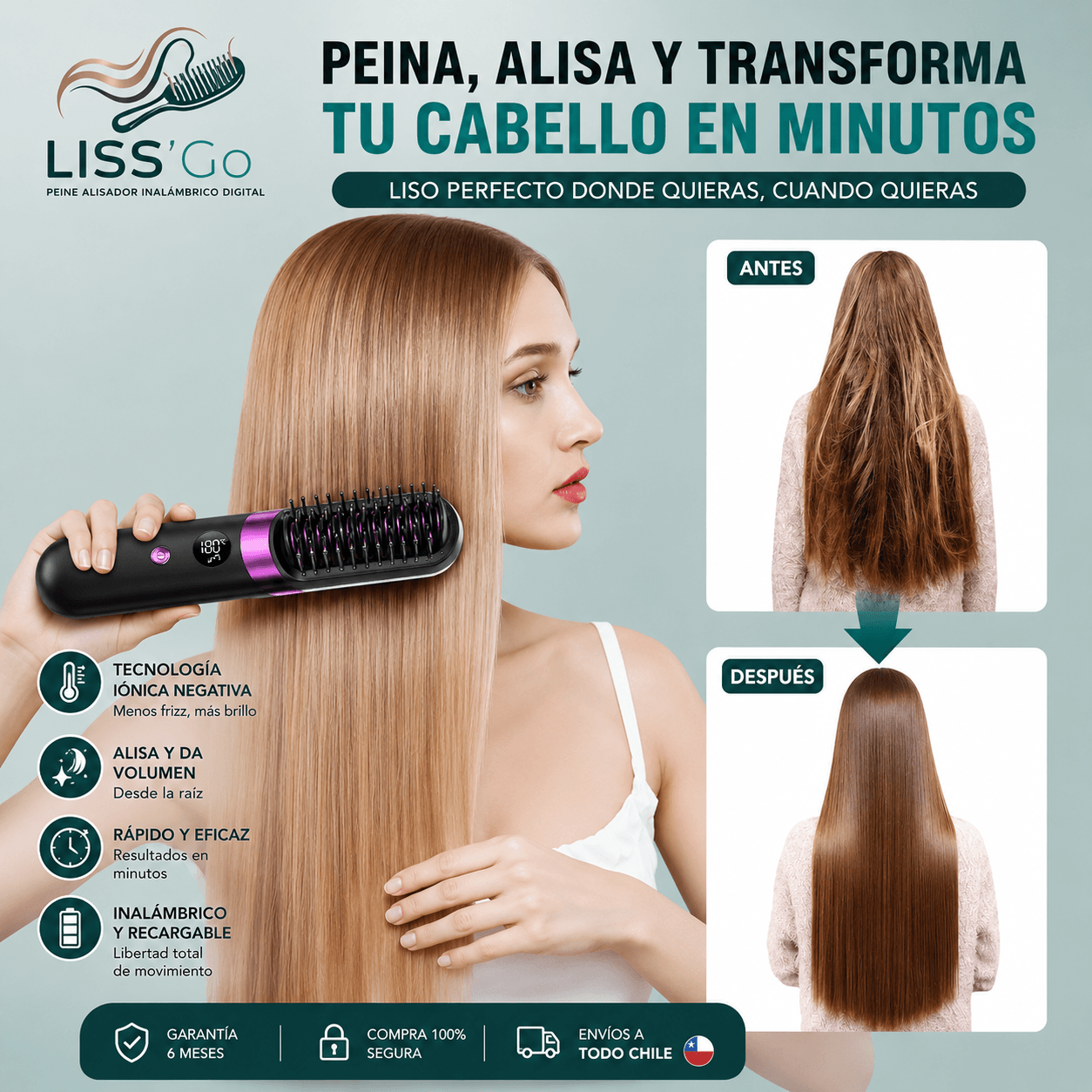 Liss'Go®: El cepillo alisador inalámbrico para un peinado perfecto y sin esfuerzo donde vayas.
