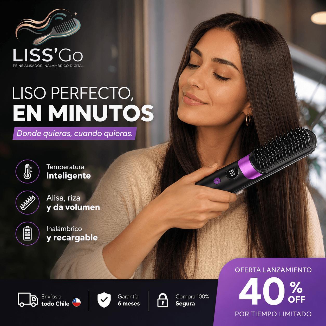 Liss'Go®: El cepillo alisador inalámbrico para un peinado perfecto y sin esfuerzo donde vayas.
