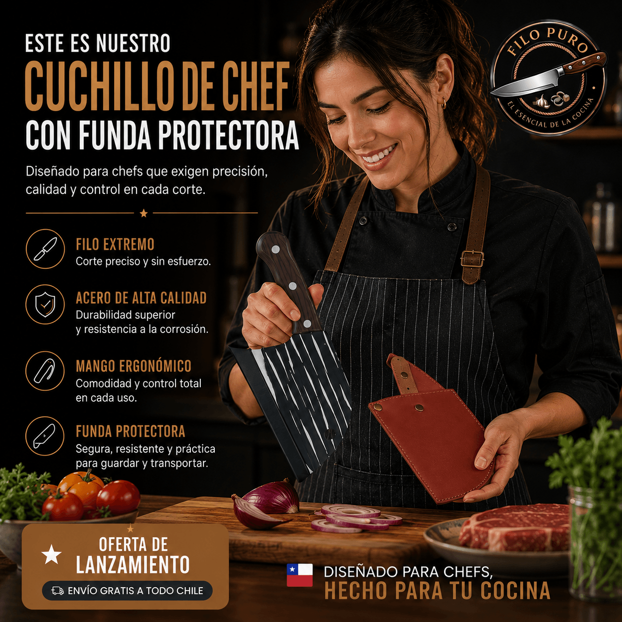 FILO PURO®: El cuchillo de chef forjado que domina el 90% de los cortes en tu cocina.