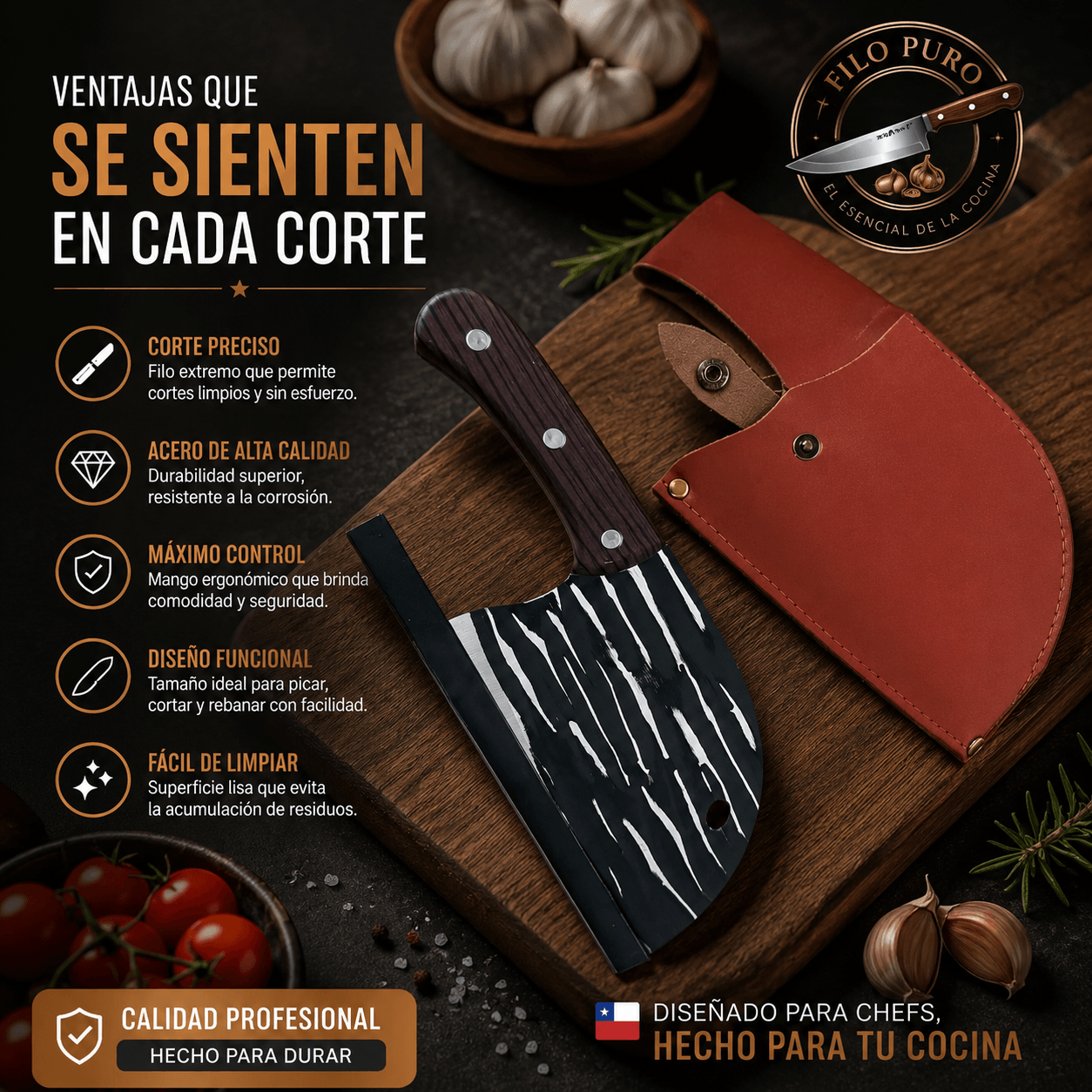FILO PURO®: El cuchillo de chef forjado que domina el 90% de los cortes en tu cocina.