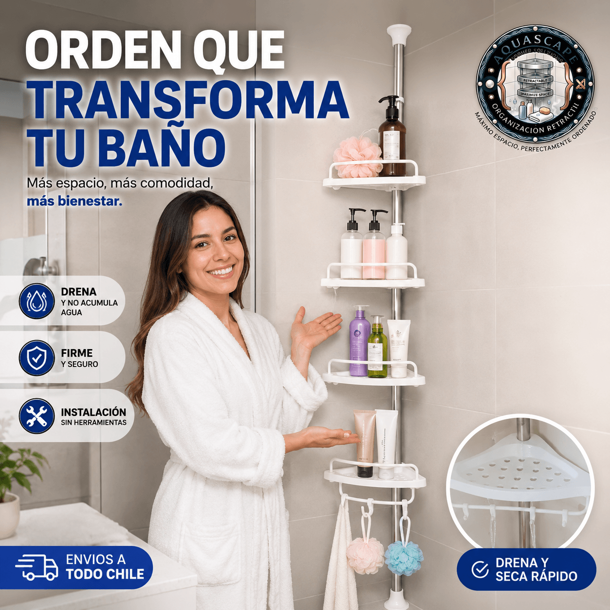 AQUASCAPE®: La repisa esquinera retráctil que duplica el espacio de almacenamiento en tu ducha.