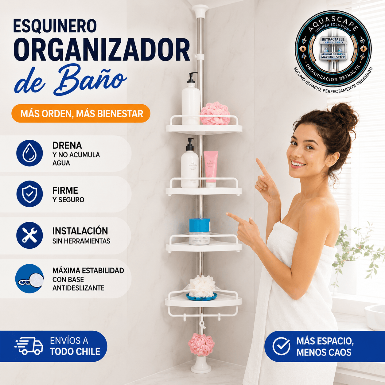 AQUASCAPE®: La repisa esquinera retráctil que duplica el espacio de almacenamiento en tu ducha.