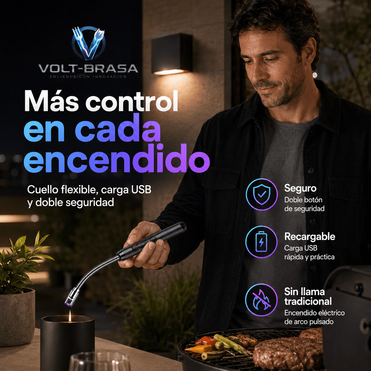VOLT-BRASA®: El encendedor eléctrico recargable USB con cuello flexible que prende sin llama al instante.