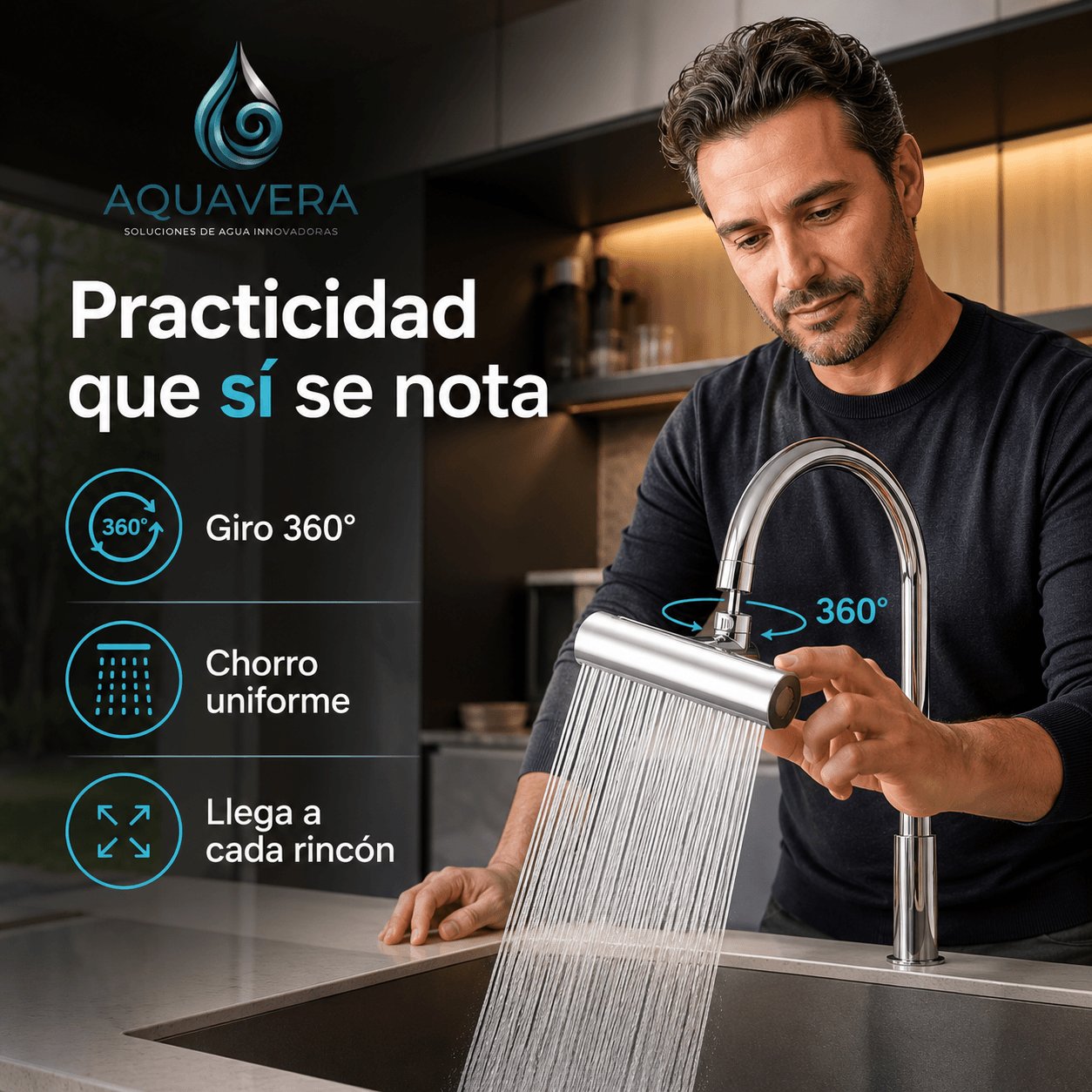 AQUAVERA®: El grifo cascada de acero 360° que transforma tu lavaplatos y ahorra agua al instante.