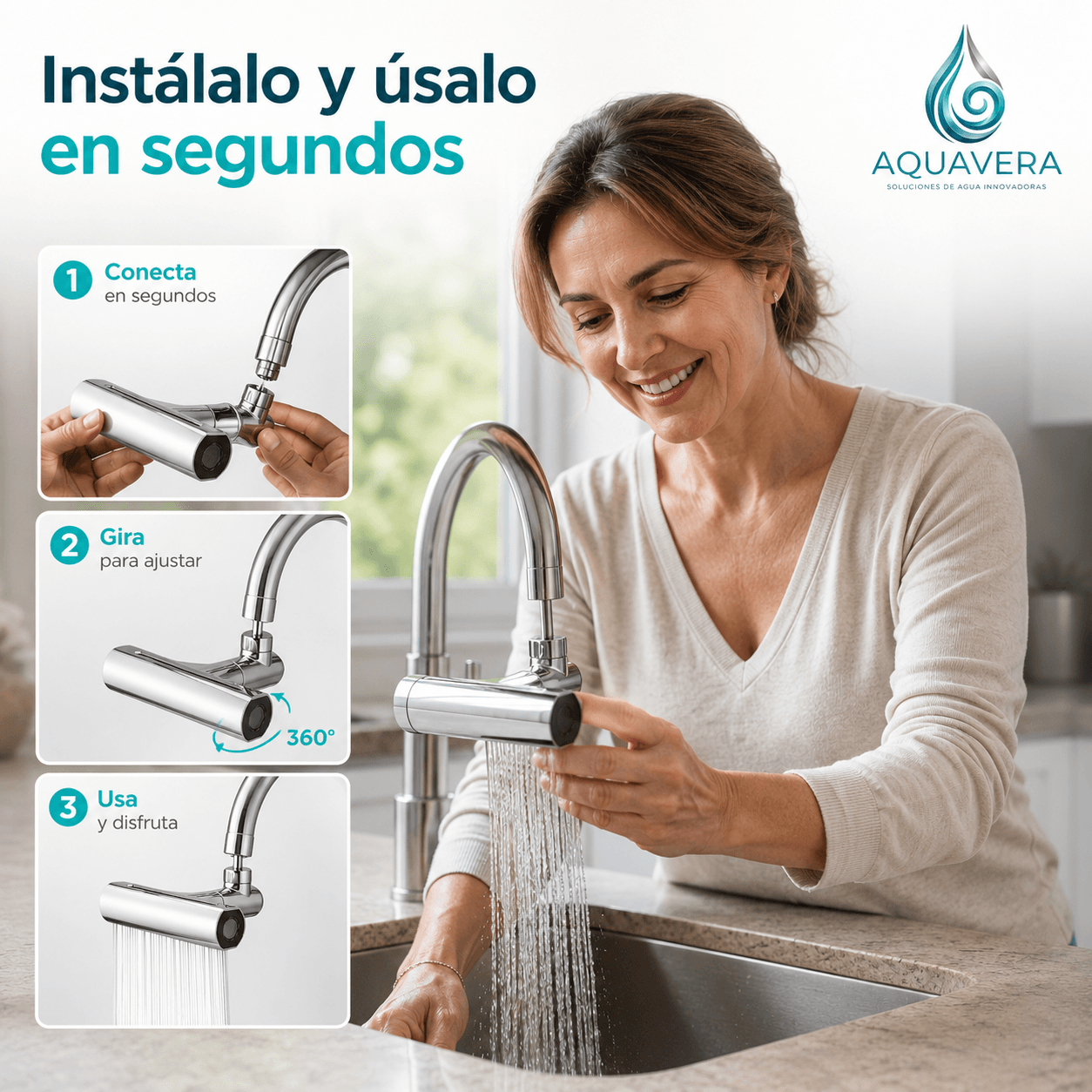 AQUAVERA®: El grifo cascada de acero 360° que transforma tu lavaplatos y ahorra agua al instante.