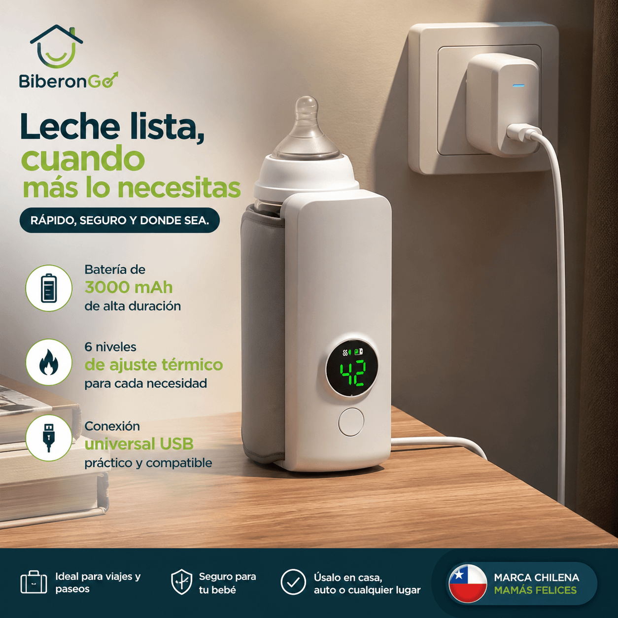 BIBERONGO®: El calentador portátil de mamaderas sin agua que mantiene la leche ideal en cualquier lugar.