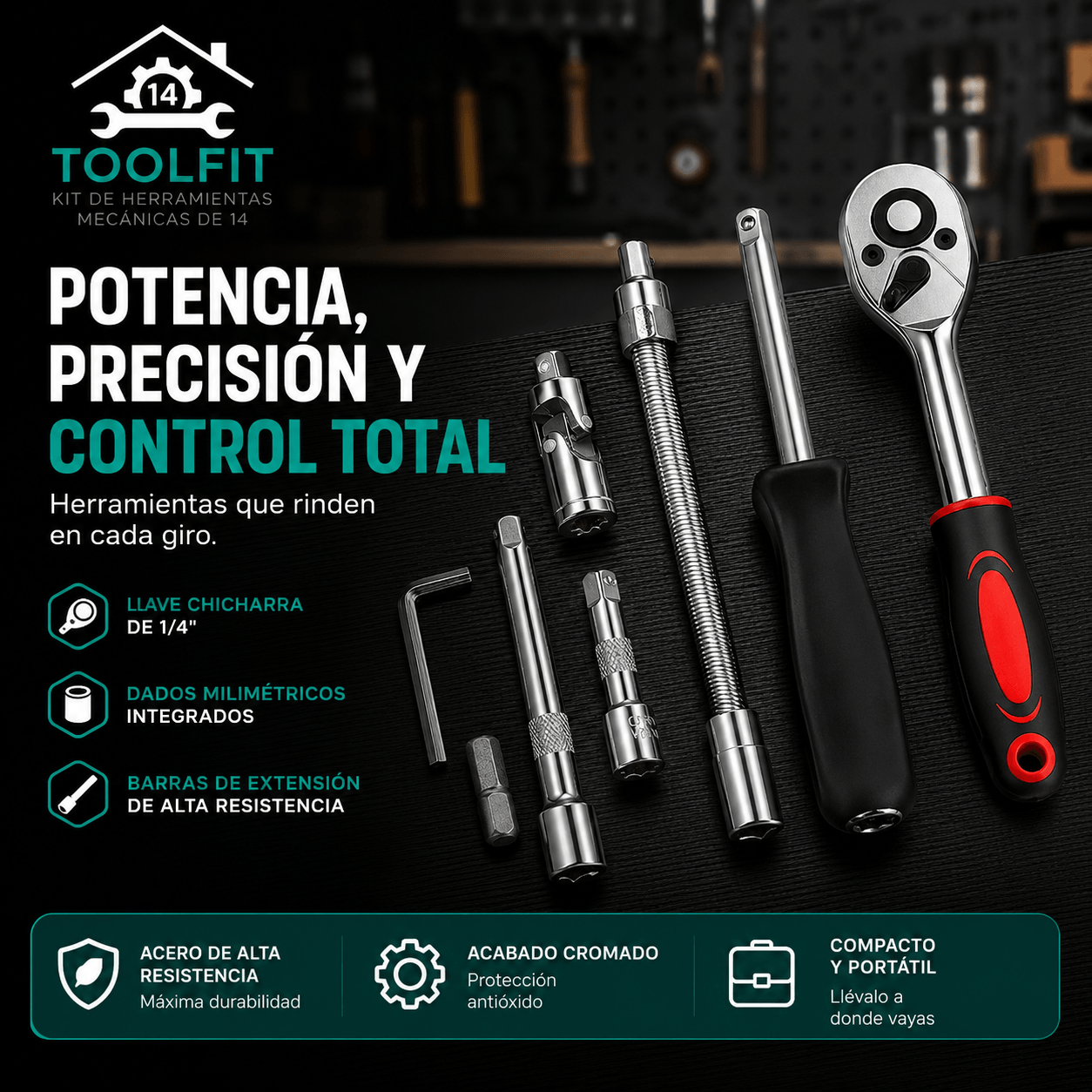 TOOLFIT®: El kit de herramientas mecánicas de 46 piezas con maletín rígido para llevar en tu vehículo.