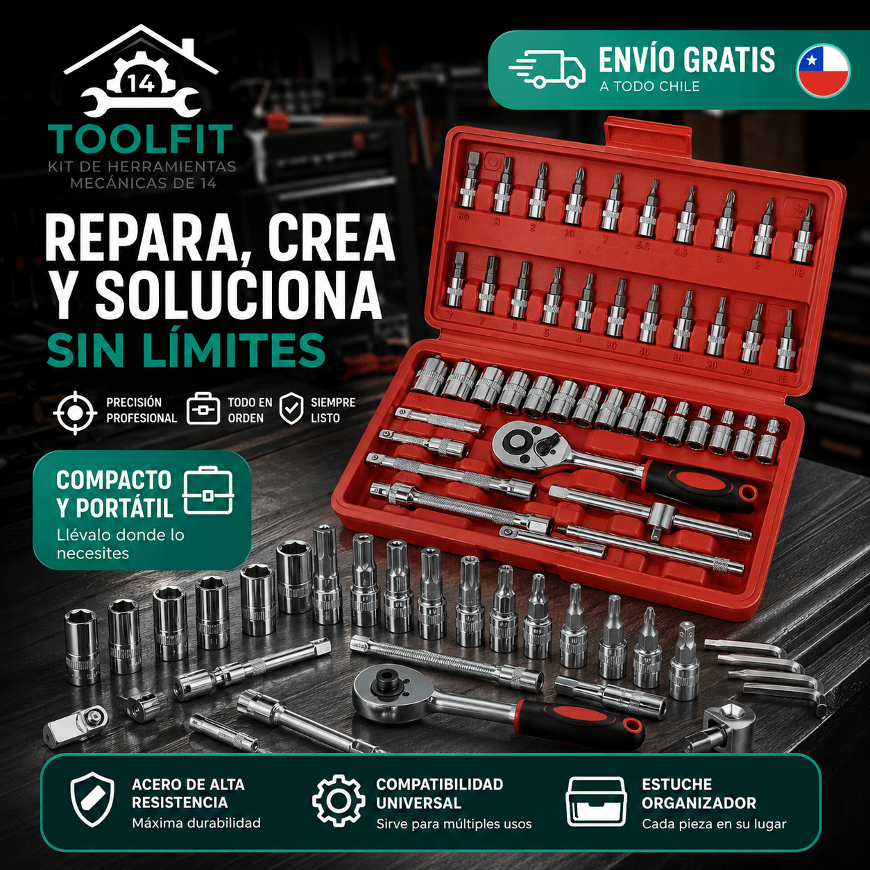 TOOLFIT®: El kit de herramientas mecánicas de 46 piezas con maletín rígido para llevar en tu vehículo.