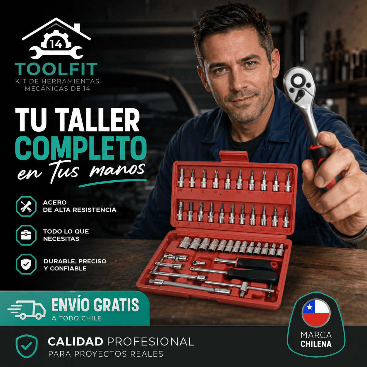 TOOLFIT®: El kit de herramientas mecánicas de 46 piezas con maletín rígido para llevar en tu vehículo.