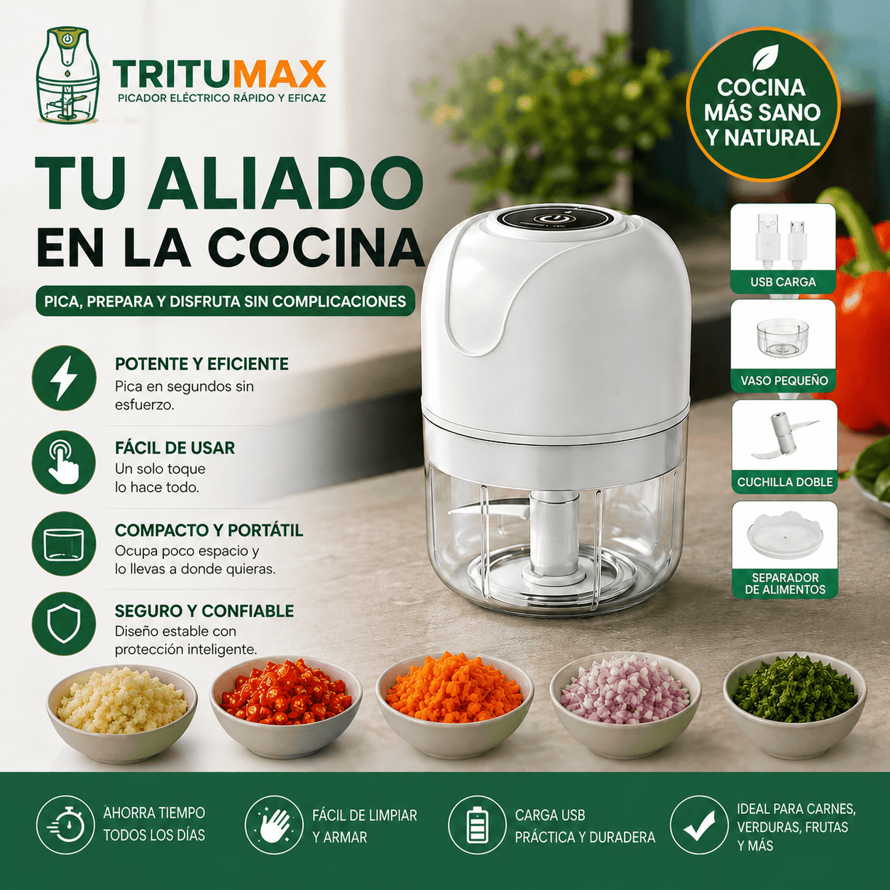TRITUMAX®: El picador eléctrico inalámbrico de 250ml que simplifica tu cocina en segundos.