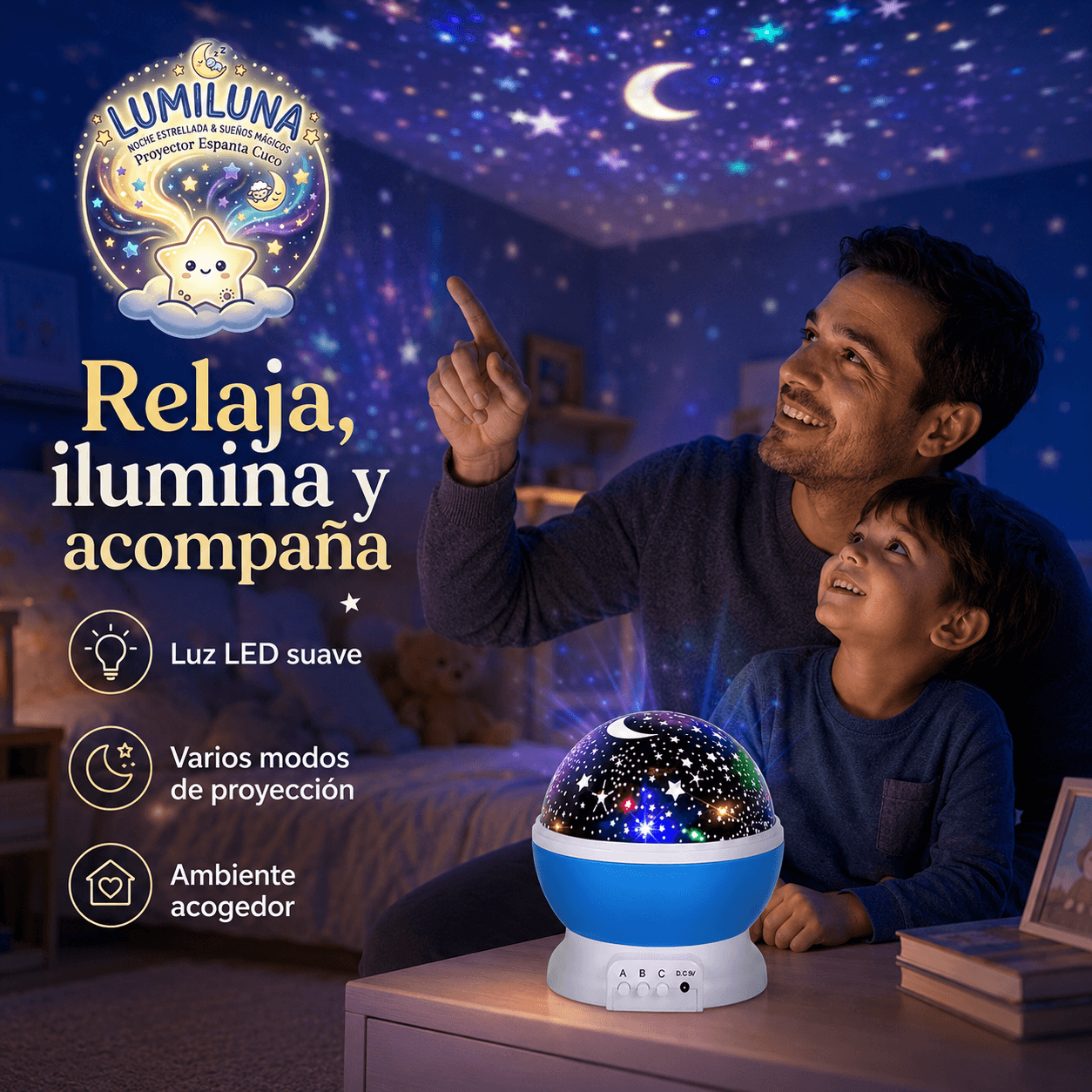 LUMILUNA®: El proyector espanta cuco de noche estrellada que transforma tu habitación en un universo al instante.