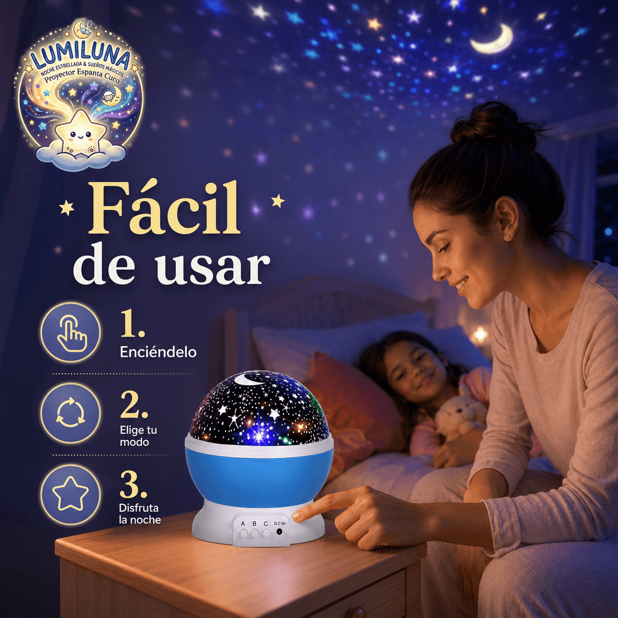 LUMILUNA®: El proyector espanta cuco de noche estrellada que transforma tu habitación en un universo al instante.