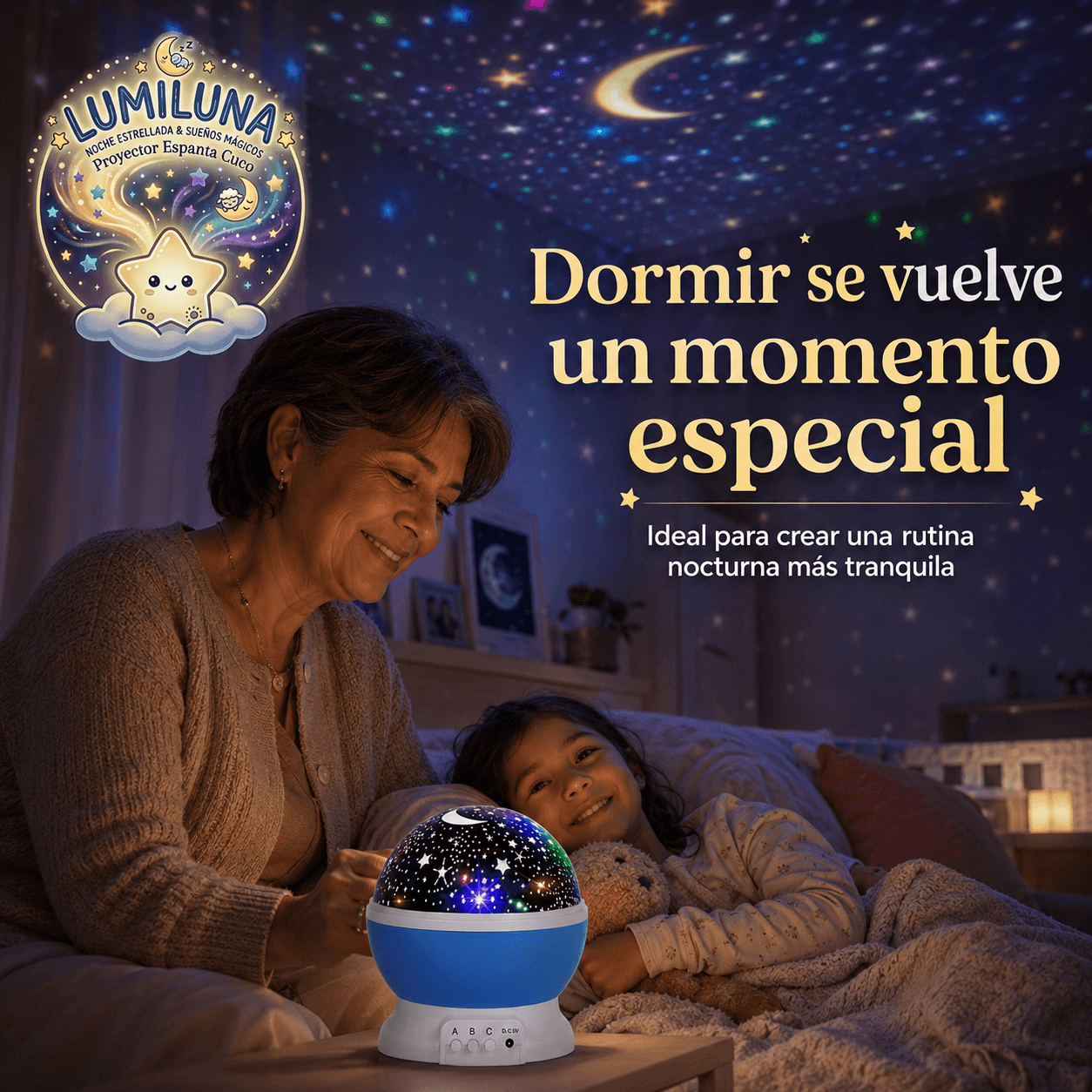 LUMILUNA®: El proyector espanta cuco de noche estrellada que transforma tu habitación en un universo al instante.