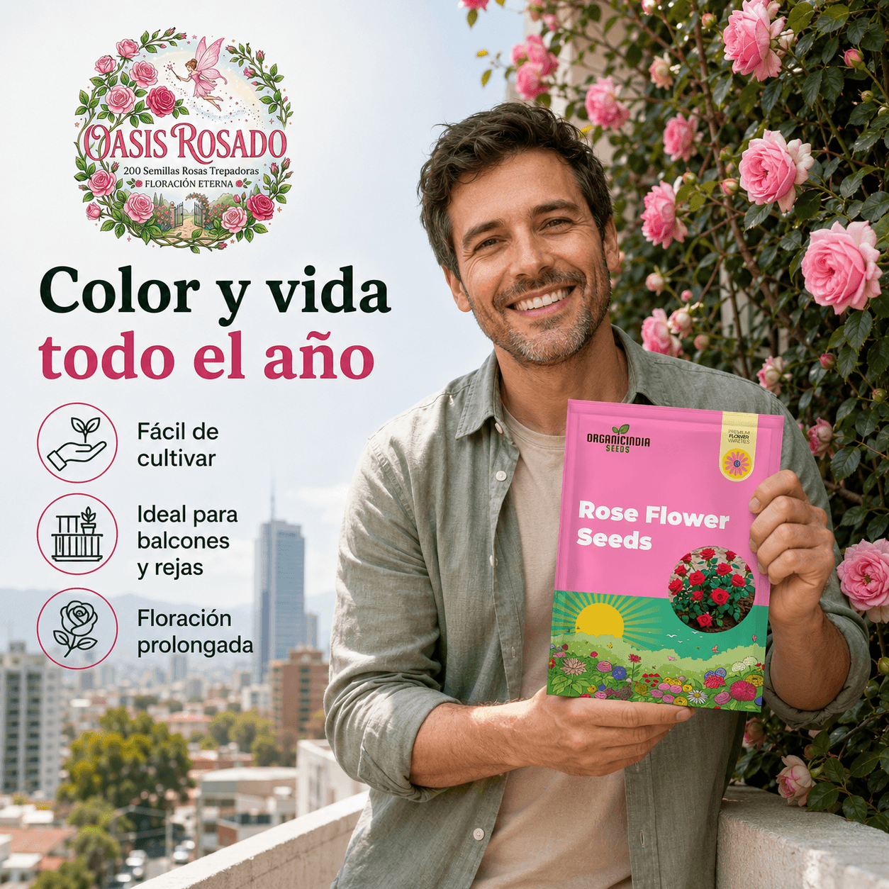 OASIS ROSADO®: El kit de 200 semillas de rosas trepadoras que llena tu jardín de color y aroma al instante.