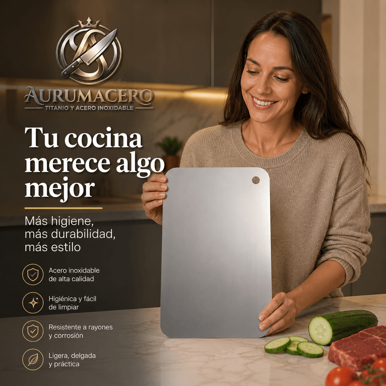 AURUMACERO®: La tabla de cortar de acero e inoxidable titanio que elimina bacterias y olores al instante.