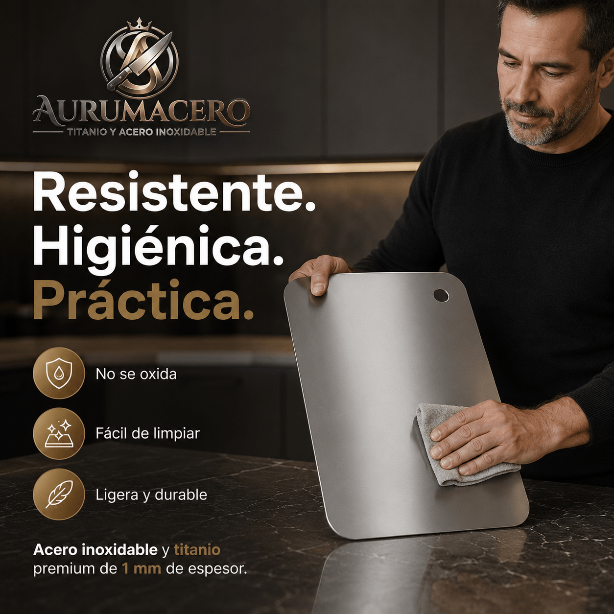 AURUMACERO®: La tabla de cortar de acero e inoxidable titanio que elimina bacterias y olores al instante.