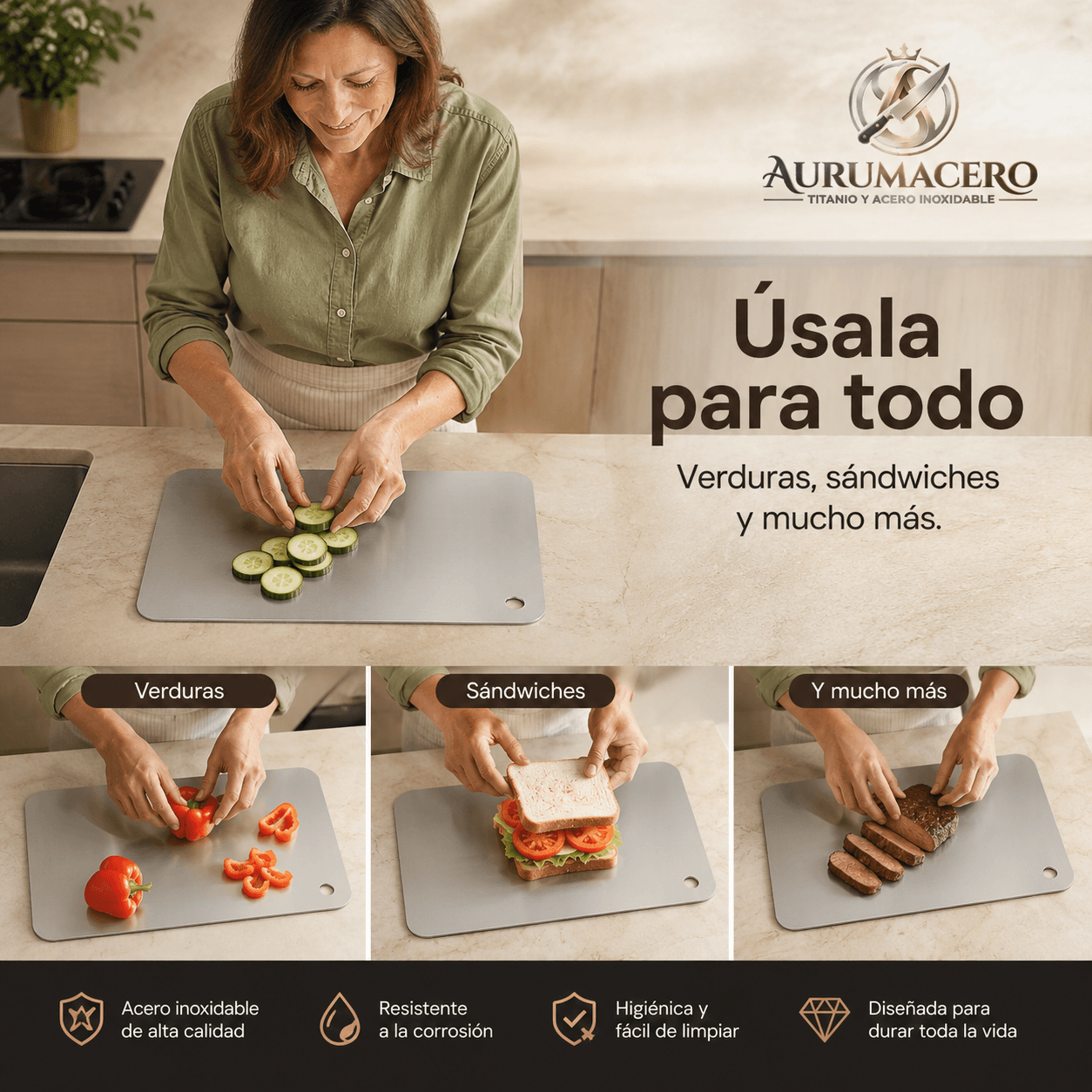 AURUMACERO®: La tabla de cortar de acero e inoxidable titanio que elimina bacterias y olores al instante.