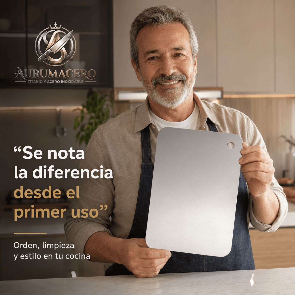 AURUMACERO®: La tabla de cortar de acero e inoxidable titanio que elimina bacterias y olores al instante.
