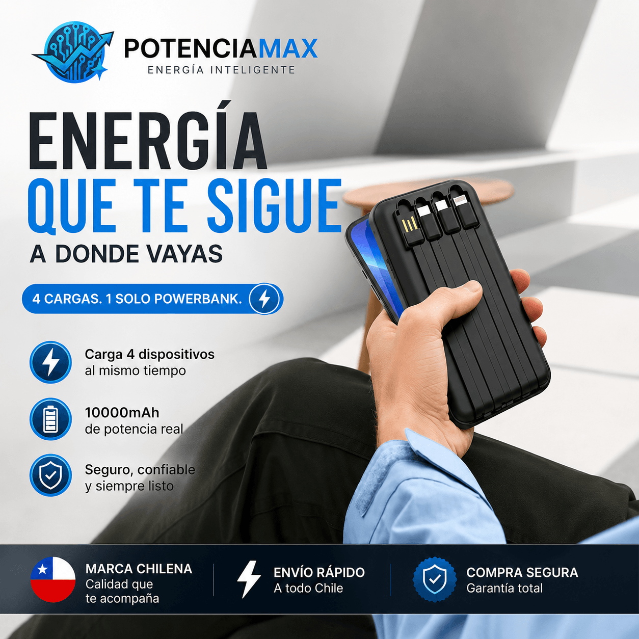 PotenciaMax®: El banco de energía de 10000 mAh y 20W que mantiene tus dispositivos activos en cualquier lugar.