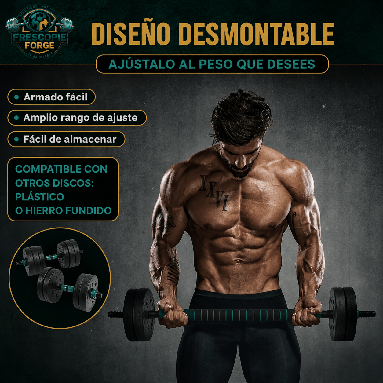 FRESCOPIE FORGE®: El set de mancuernas y barra armable ajustable para entrenar todo tu cuerpo en casa.