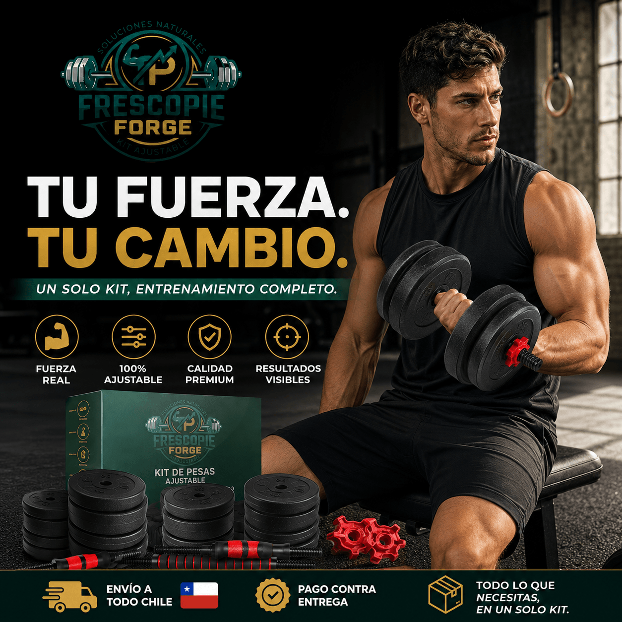 FRESCOPIE FORGE®: El set de mancuernas y barra armable ajustable para entrenar todo tu cuerpo en casa.