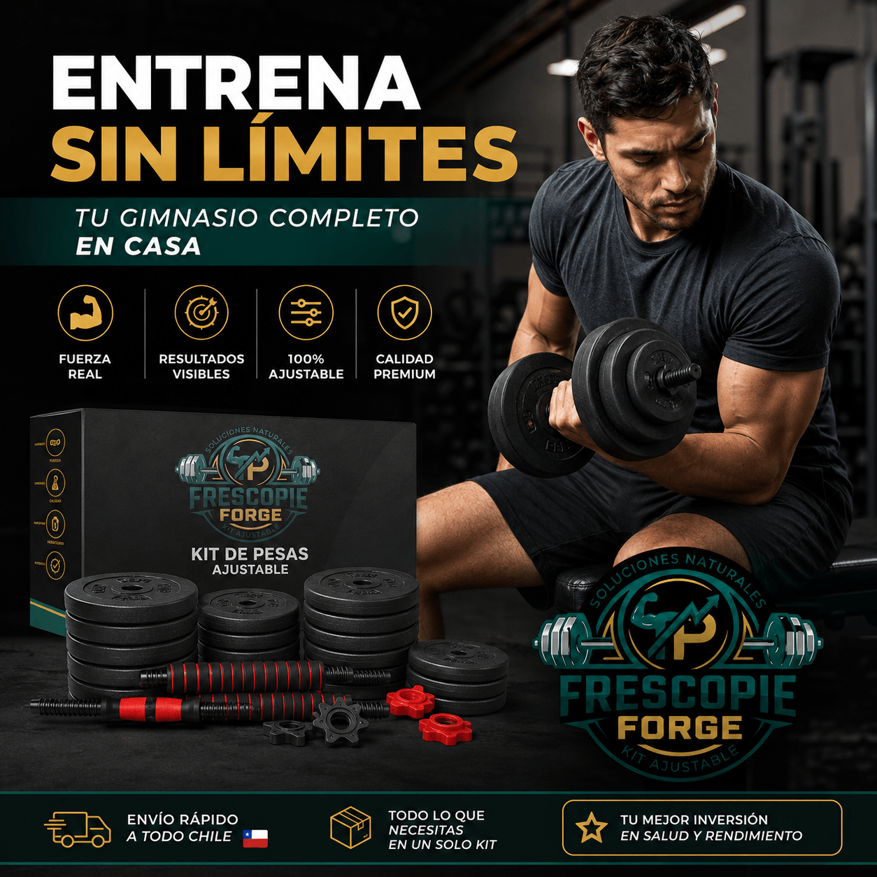 FRESCOPIE FORGE®: El set de mancuernas y barra armable ajustable para entrenar todo tu cuerpo en casa.