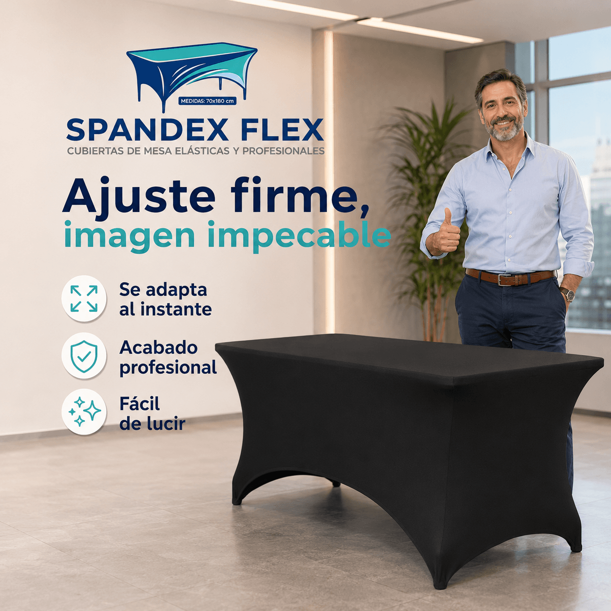 SPANDEX FLEX®: La funda elástica para mesa de 70x180 cm que transforma tus eventos y stands al instante.