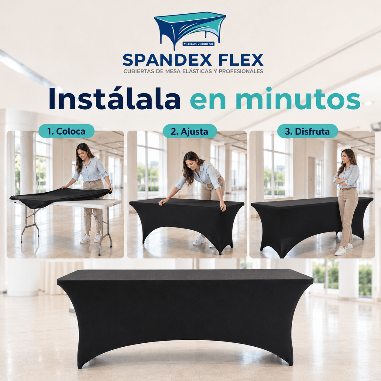 SPANDEX FLEX®: La funda elástica para mesa de 70x180 cm que transforma tus eventos y stands al instante.