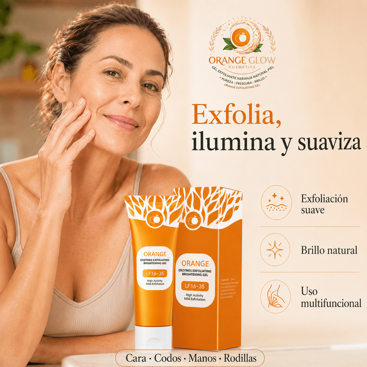 ORANGE GLOW®: El gel exfoliante de naranja natural que renueva e hidrata tu piel al instante.