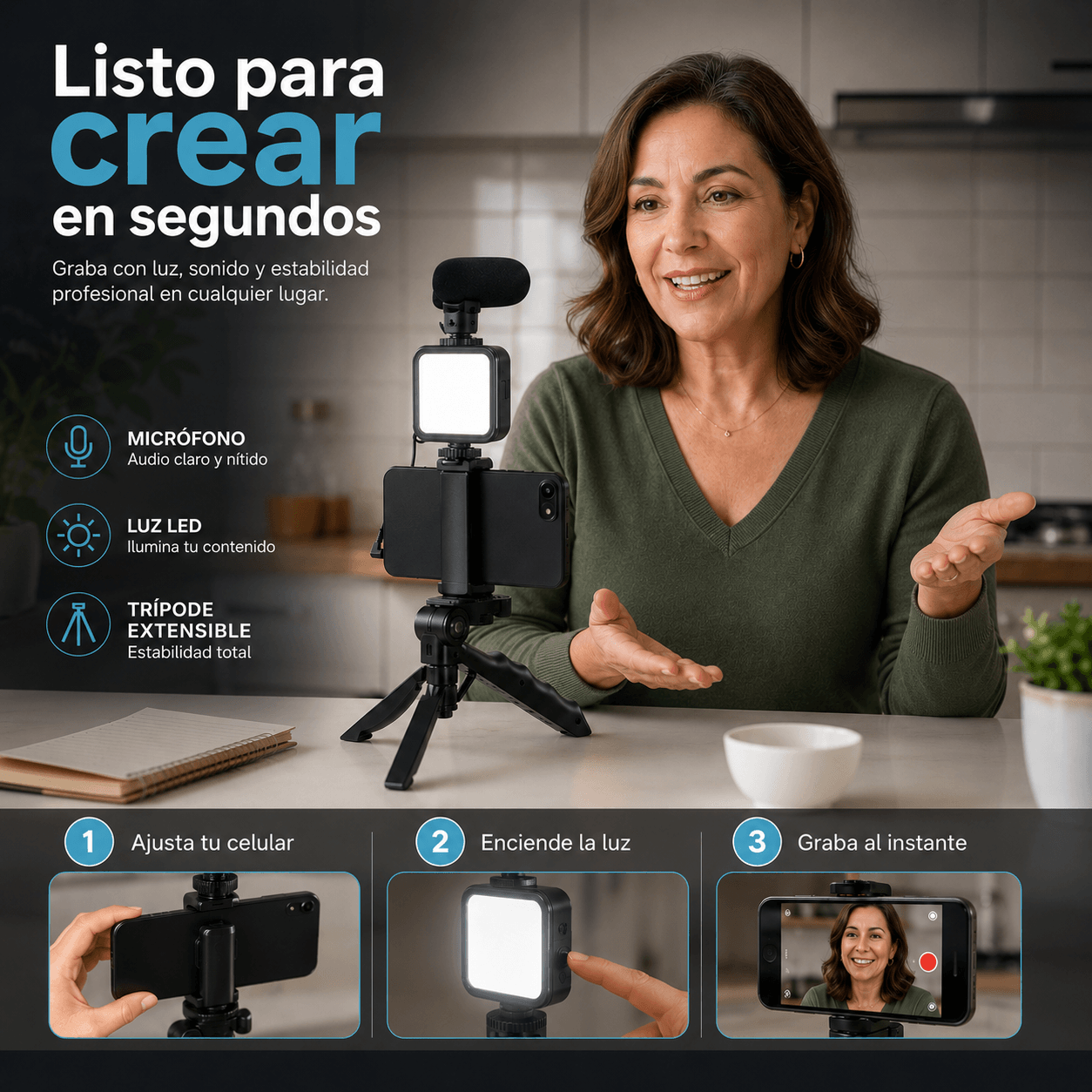 FLEXISTAND®: El trípode extensible con  luz de 10" que profesionaliza tus videos y fotos al instante.