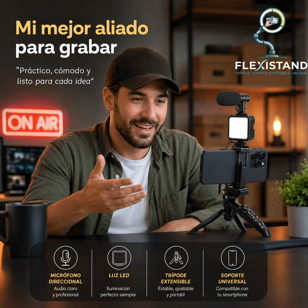 FLEXISTAND®: El trípode extensible con  luz de 10" que profesionaliza tus videos y fotos al instante.