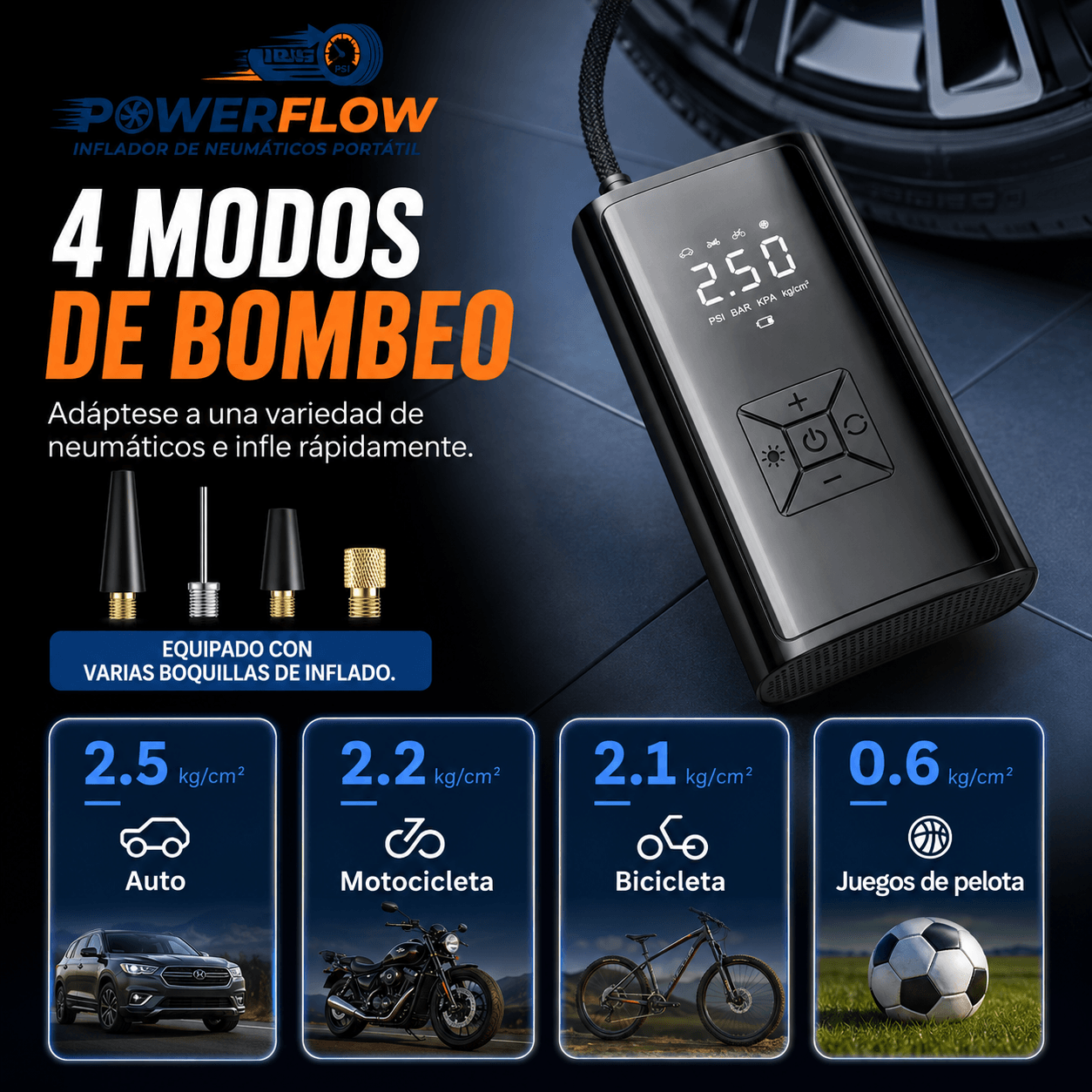 POWERFLOW®: El inflador portátil de 150 PSI y 5000 mAh que te salva de emergencias en cualquier lugar.