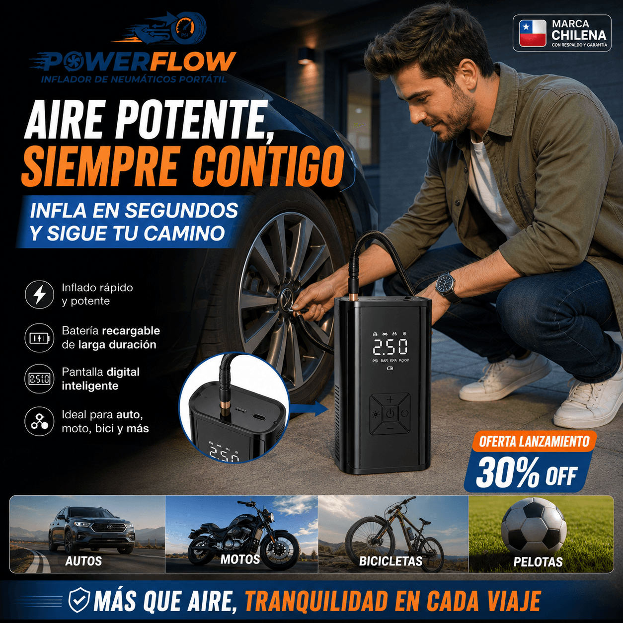 POWERFLOW®: El inflador portátil de 150 PSI y 5000 mAh que te salva de emergencias en cualquier lugar.
