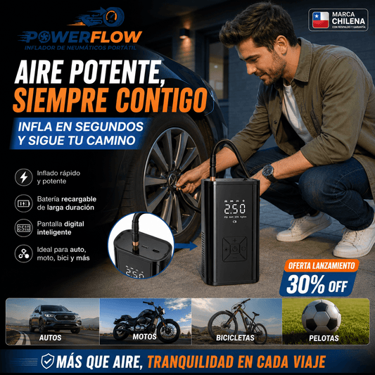 POWERFLOW®: El inflador portátil de 150 PSI y 5000 mAh que te salva de emergencias en cualquier lugar.